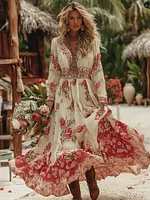 Women's Vacation Romantic Rose Patchwork Art Comfy Linen Maxi Dress