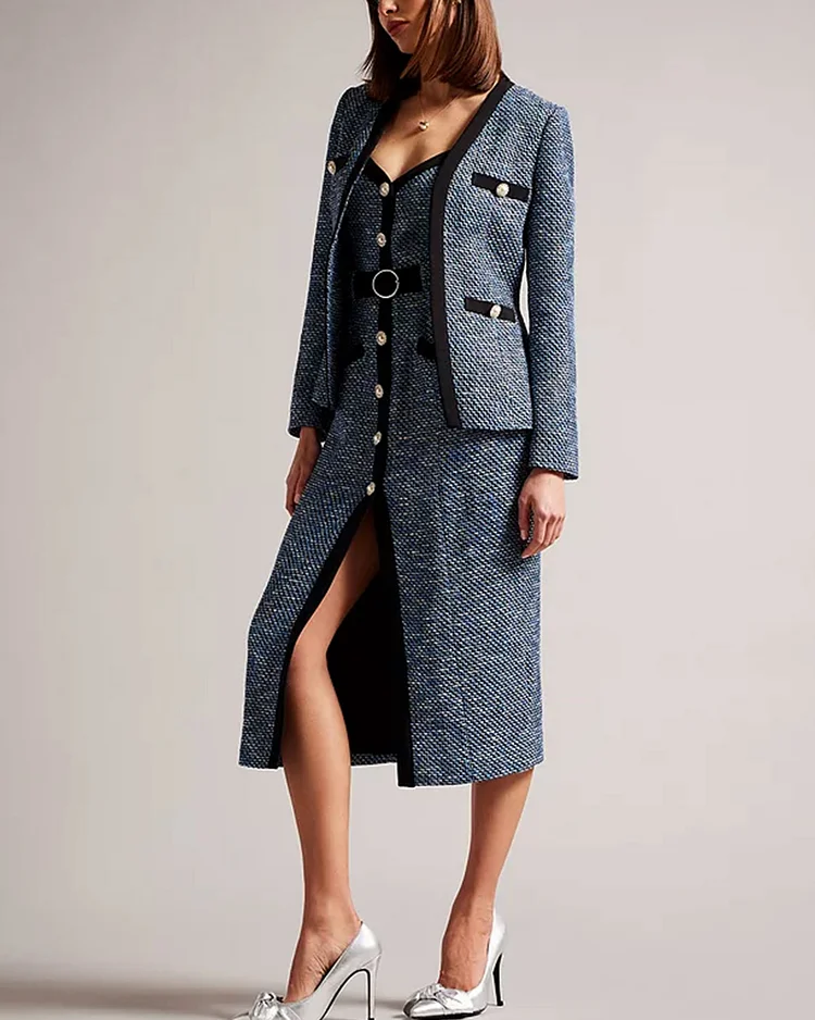 Elegant Tweed Jacket And Dress Two-Piece Set