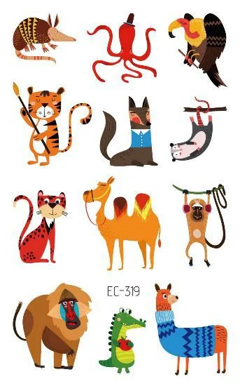 24 kinds Cartoon Animals Temporary Tattoo Stickers for Kids Lion Tiger Giraffe Elephant Fox Hedgehog Turtle tatouage temporaire