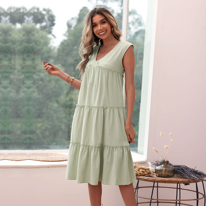 V-neck Solid Frill Trim Ruffle Hem Casual Dress