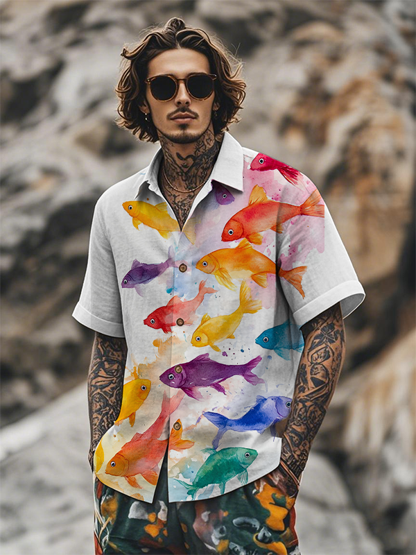Men's Colorful Goldfish Watercolor Painting Print Short Sleeve Shirt