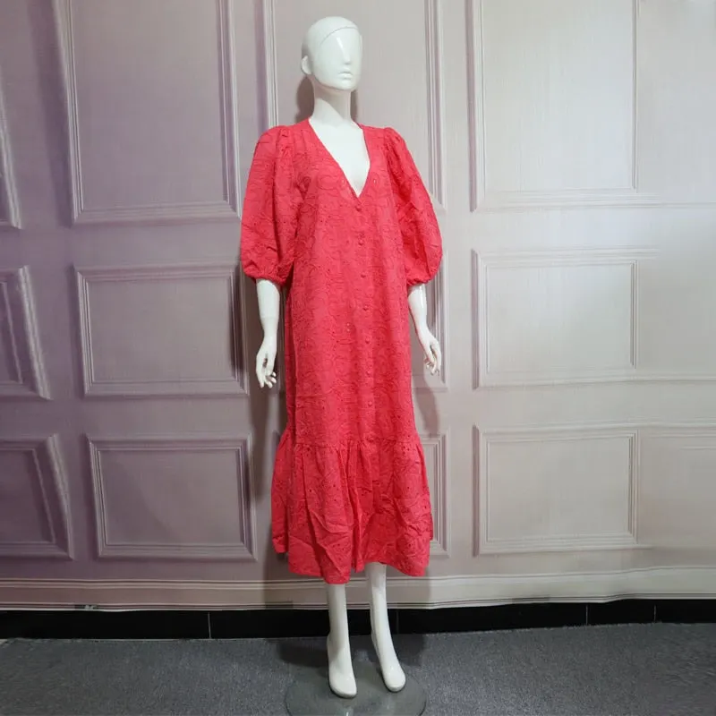 2021 Spring Summer Women White Sexy V-Neck Hollow Party Dress Casual Solid Embroidery Loose Midi Dresses Ladies Vestidos