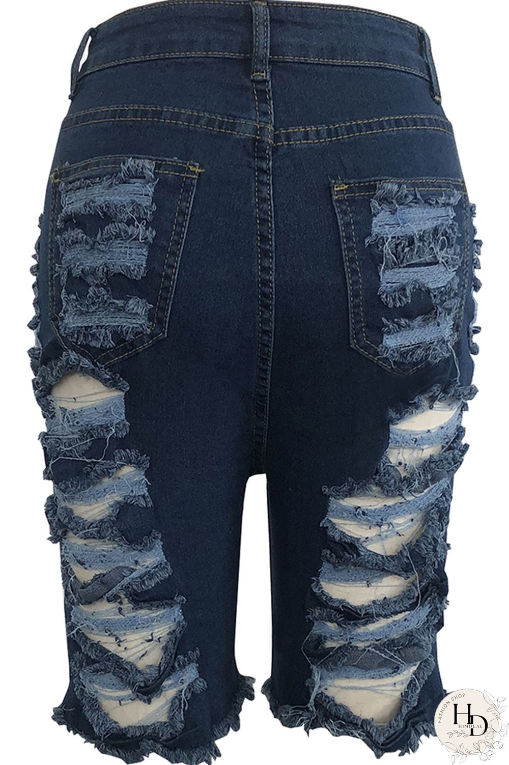 Blue Denim Button Fly Zipper Fly High washing Hole Zippered Pocket Straight shorts Shorts