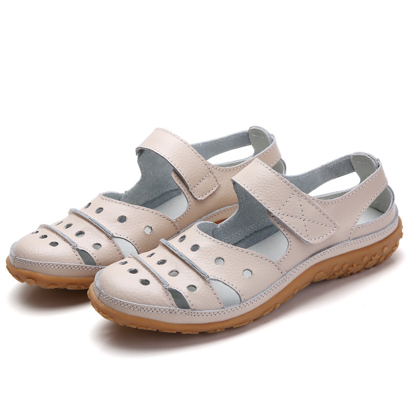 Women Sandals Soft Sole Summer Hollow Soft Hook Loop Leather Shoes | ARKGET