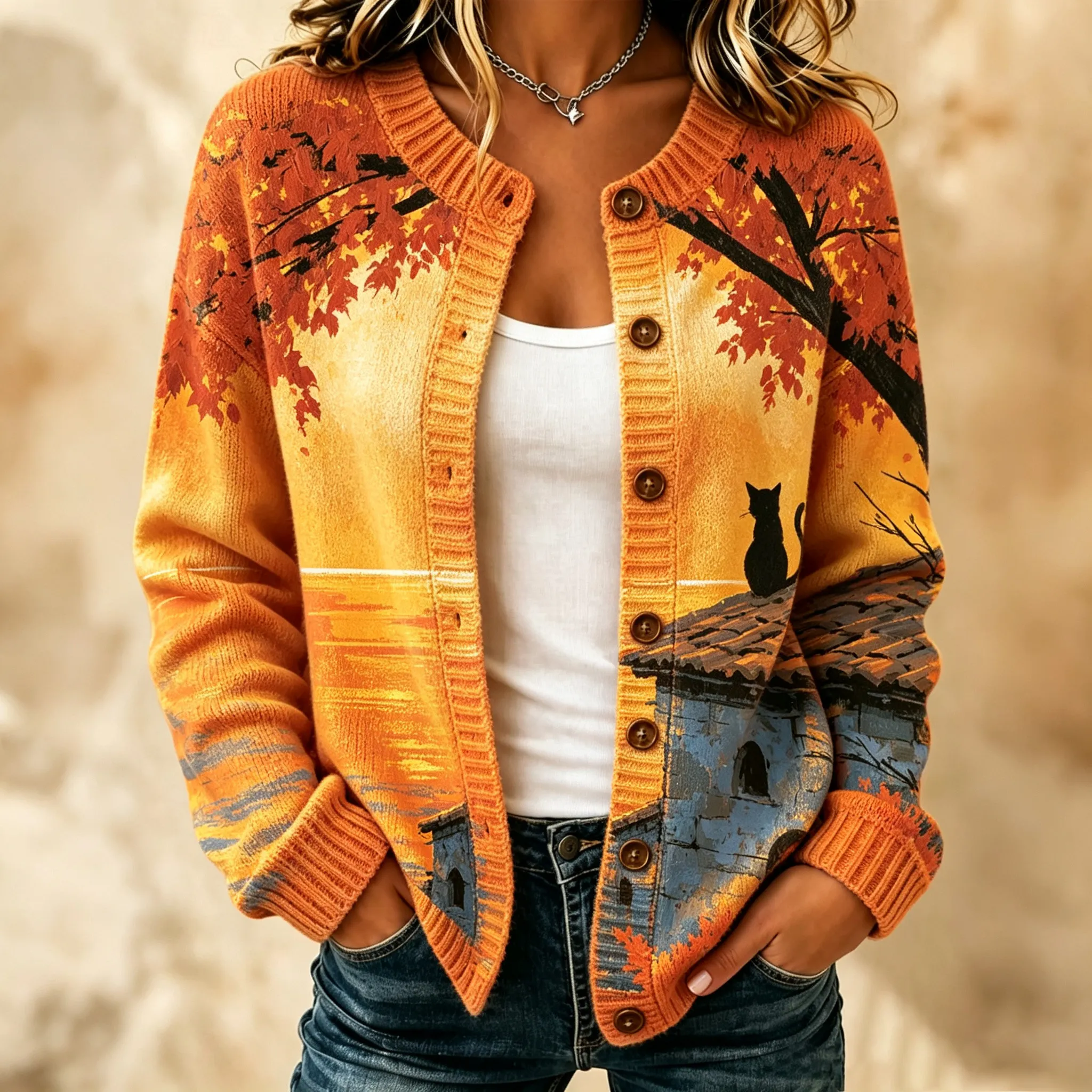 Comstylish Women's Cat And Landscape Print Knit Cardigan Sweater