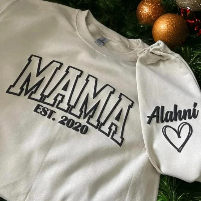Custom Mama Puff Print Sweatshirt With Kid Names on Sleeve
