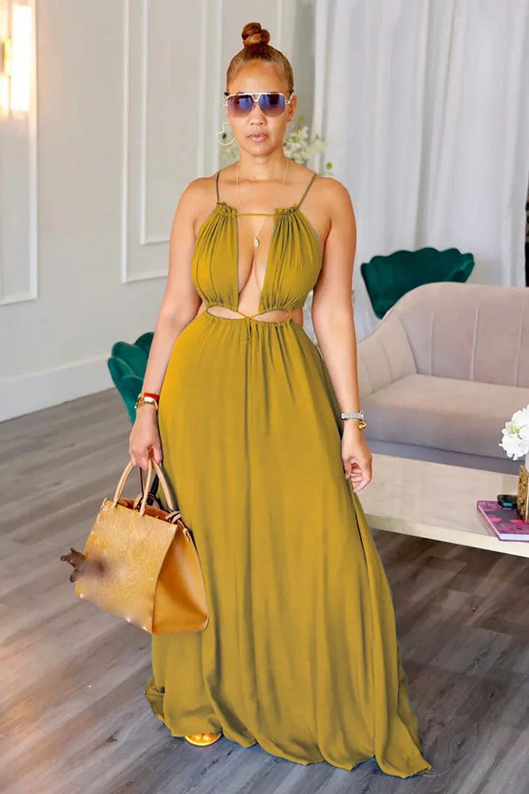 Sleeveless Cutout Solid Color Vacation Slip Maxi Dresses-Green