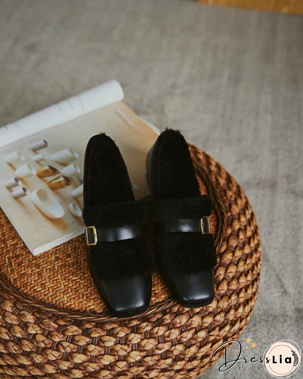 Solid One Buckle Fluffy Low Heel Loafers Slip-on