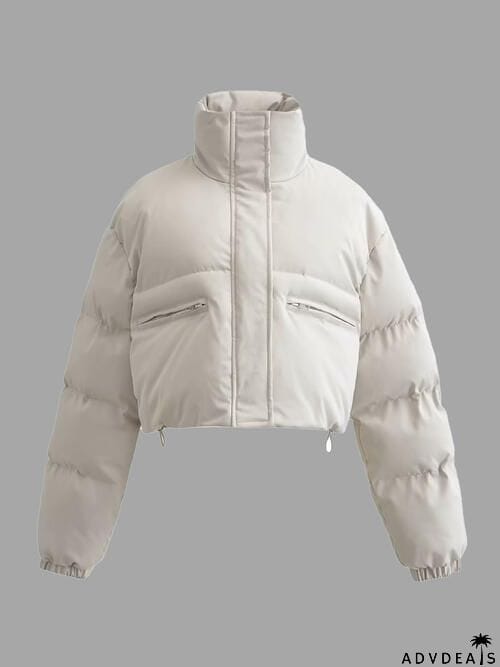 Snap and Zip Closure Drawstring Cropped Winter Coat