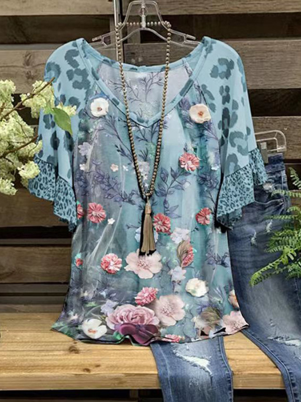 Women's Floral Print T-Shirt Casual V-Neck Ruffle Short Sleeve Tee