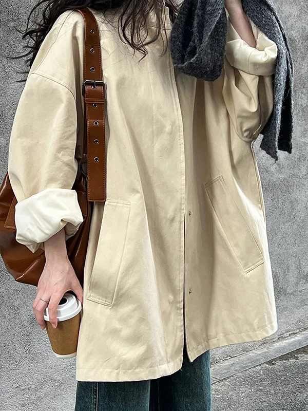 Long Sleeves Loose Pockets Solid Color Stand Collar Outerwear Trench Coats