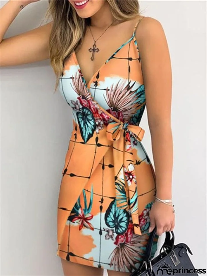 Sexy Pretty Spaghetti Strap Wrap Design Floral Print Side Tie Fastening Dress