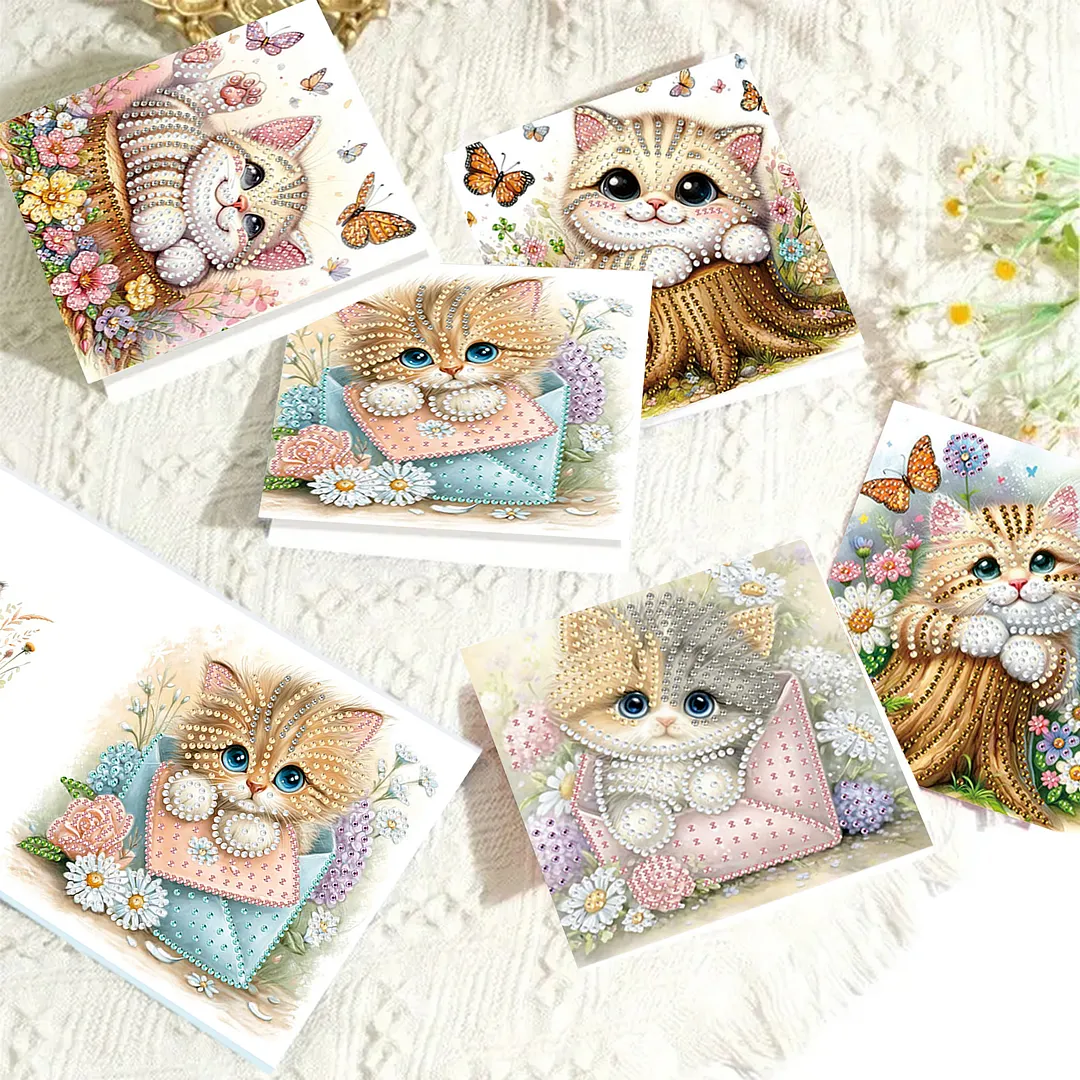 6pcs Cat And Flower Pattern DIY Diamond Painting Greeting Card Set with Envelope Diamond Painting Daily Wishing Cards for Birthdays Thanksgiving & Special Occasion