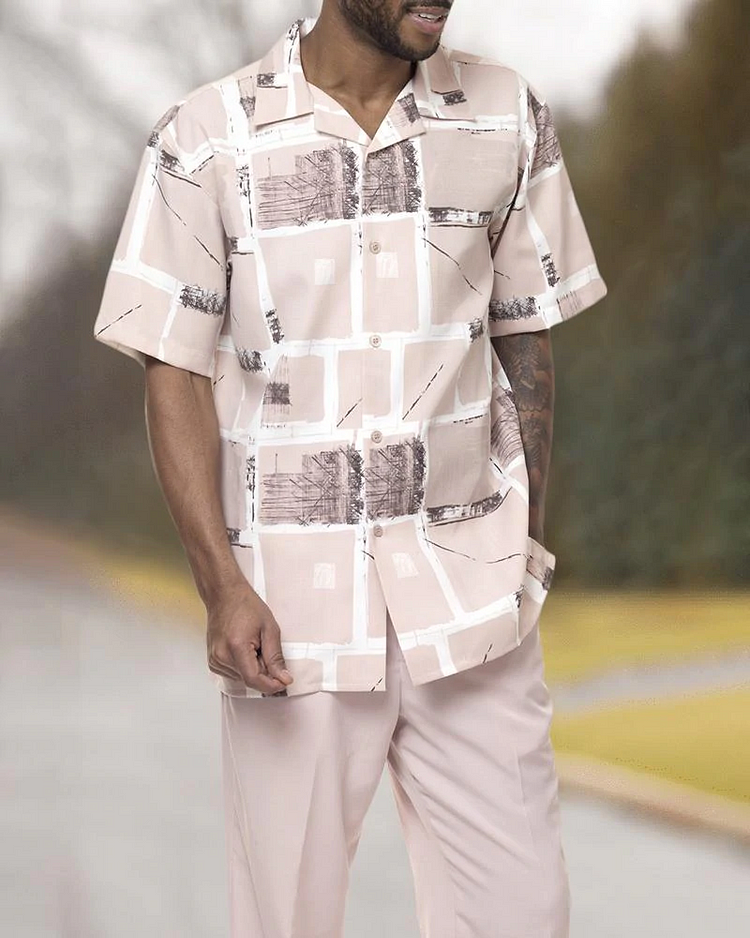 Short Sleeve Print Walking Two Piece Suit Set With Long Pants