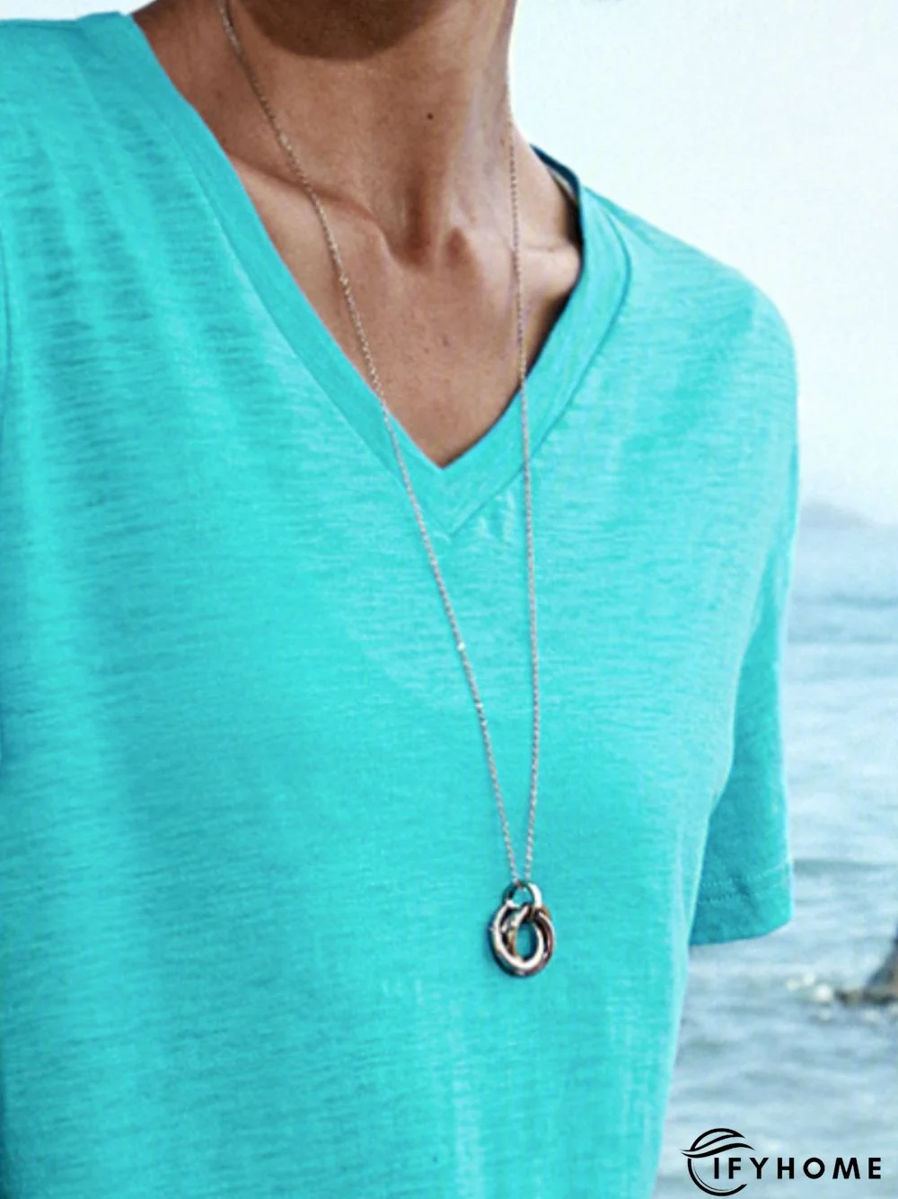 Blue Casual Cotton Solid V Neck T-shirt | IFYHOME