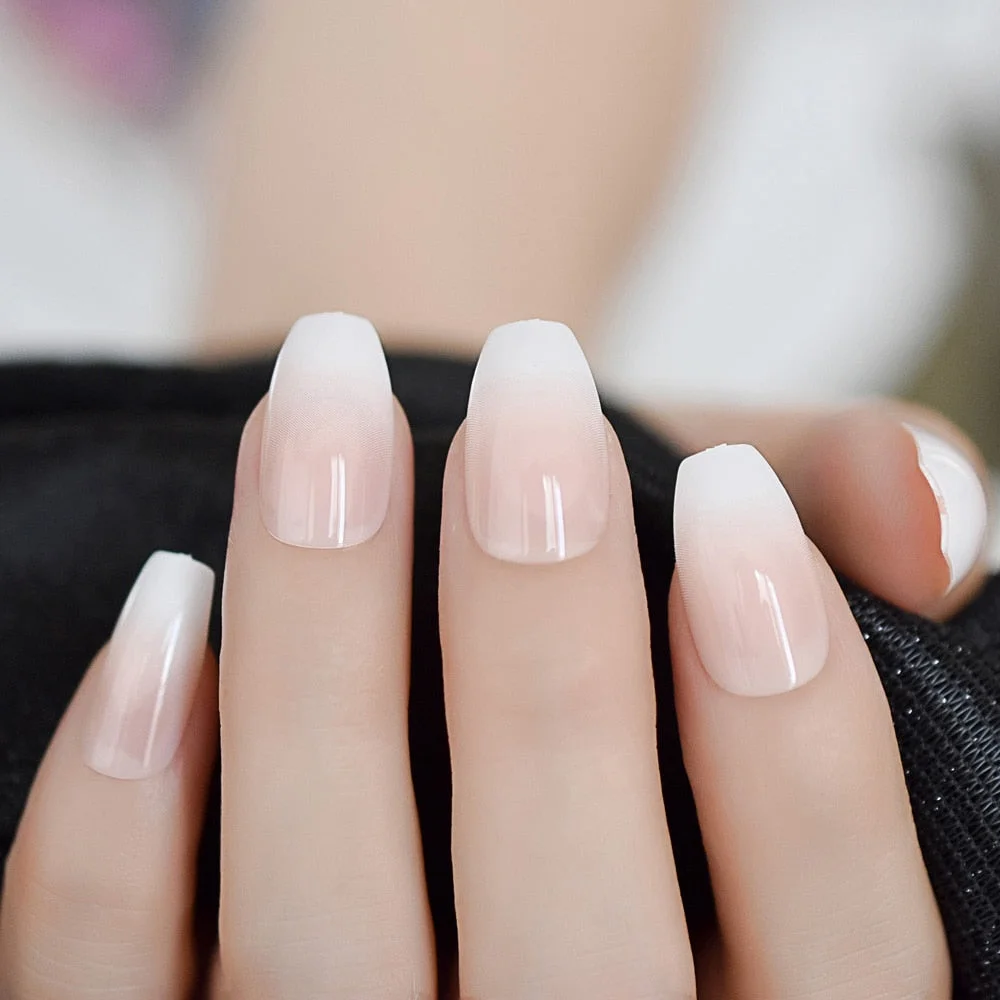 Ombre French Ballerina Fake Nail Gradeint Natural Coffin False Nails Wholesale Nails Supplier 24 Russian Shipping-Nail Inspo