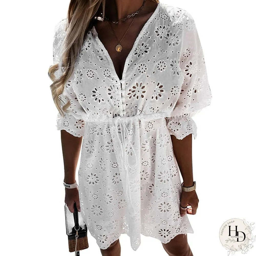 Womens Sexy Neck Dress Solid White Half Sleeve Summer Lace Embroidery Hollow Out Stretch