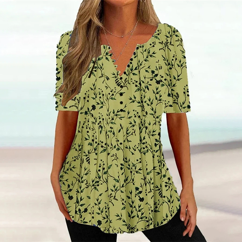 Floral Print V Neck Button Loose Blouse wearshes