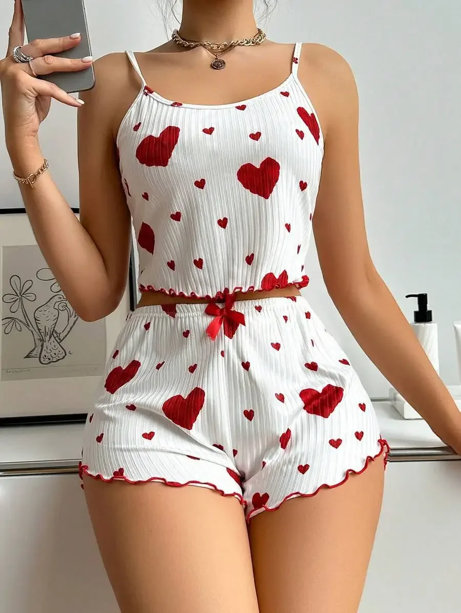 Alccn Heart Printed Cotton Pajamas for Women Summer 2-piece Sexy Sleepwear O-neck Pajama Top and Shorts Set Soft Sleeveless Nightwear