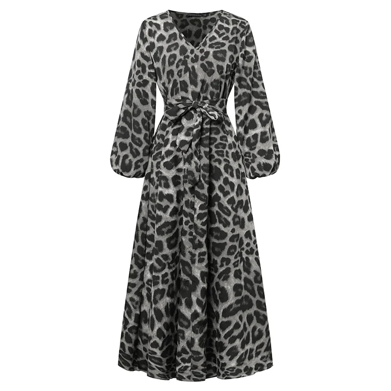 ZANZEA Women Spring Puff Sleeve Maxi Long Sundress Fashion Sexy Leopard Printed Party Dress V Neck High Waist Holiday Vestidos 7