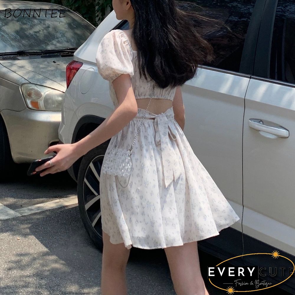 Dresses Women Puff Sleeve Holiday Sundress Hollow Out Floral Design Korean Style College Lovely Simple Trendy Summer Vestidoes