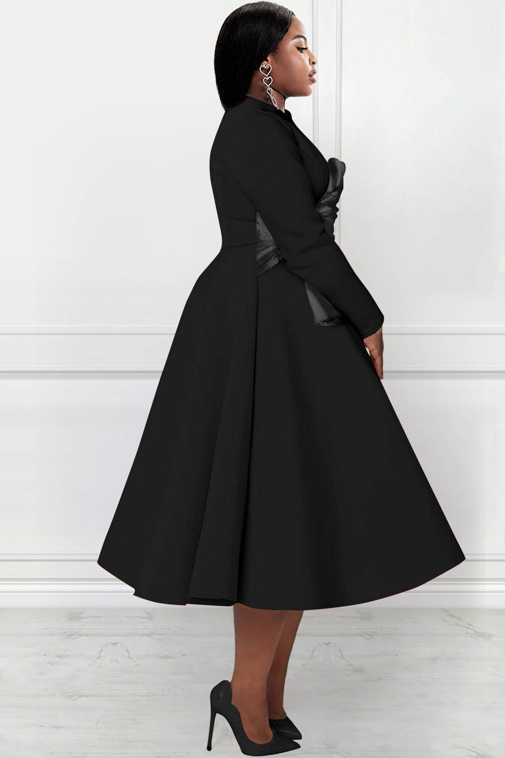 Design Plus Size Formal Midi Dresses Elegant Black Fall Winter Crew Neck Long Sleeve Contrast Knitted Midi Dresses