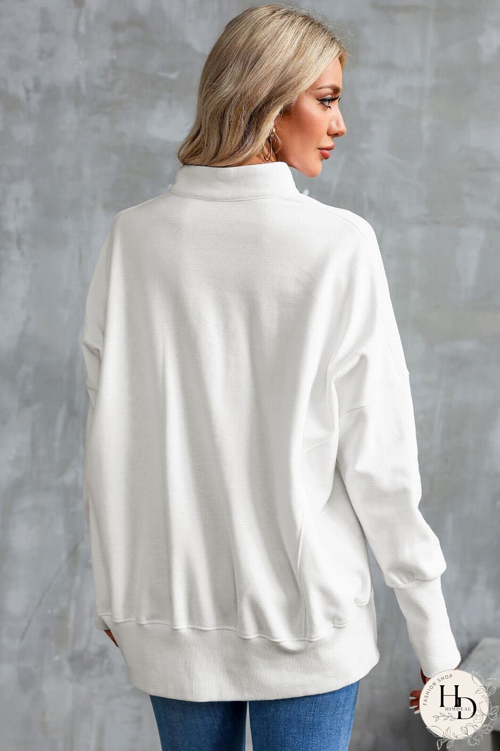 Cozy White Ribbed Pullover with Quarter-Zip Detail
