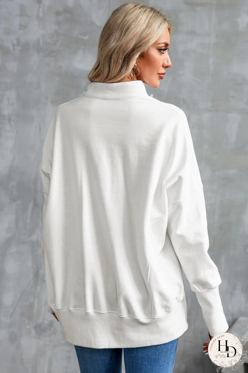 Cozy White Ribbed Pullover with Quarter-Zip Detail