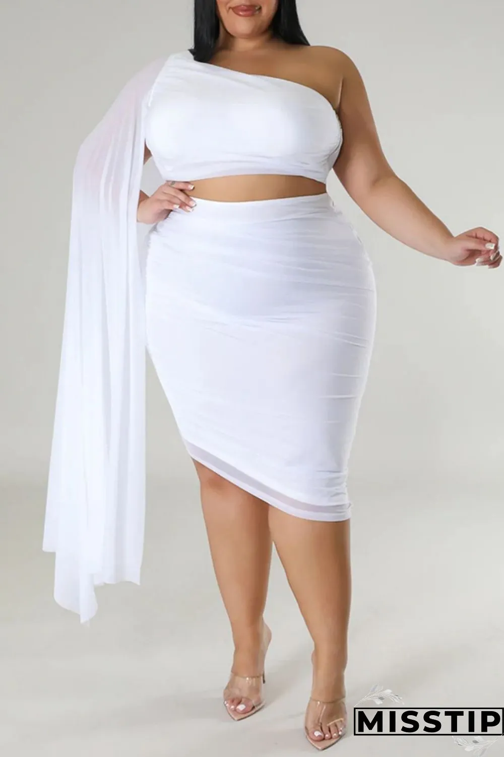 Blue Sexy Solid Patchwork Backless Oblique Collar Plus Size Two Pieces