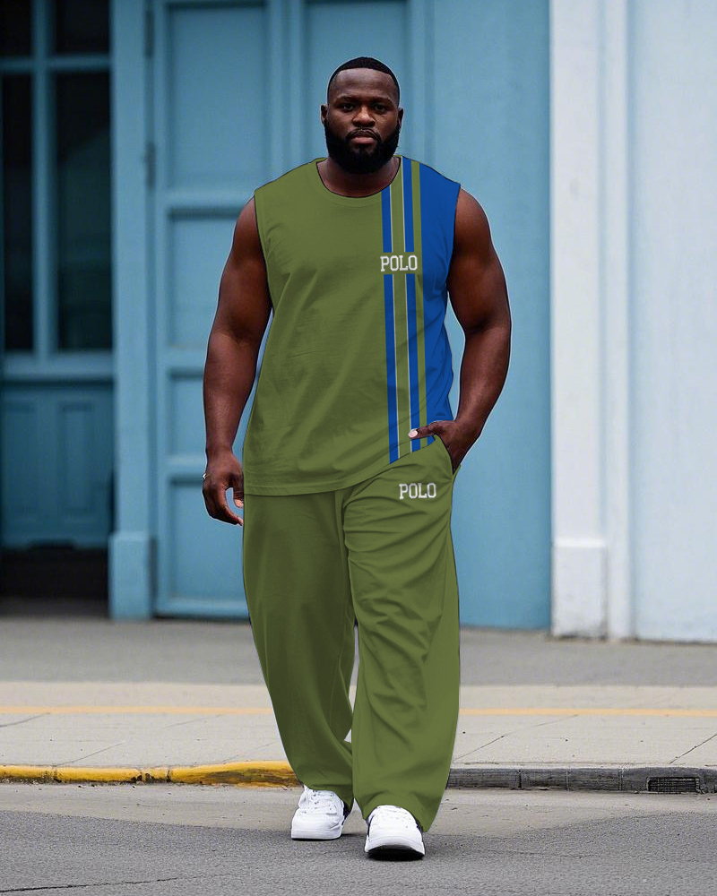 Men's Big Size Blue & Green Color Block Stripe Letter POLO Printed Sporty Vest and Pants Set