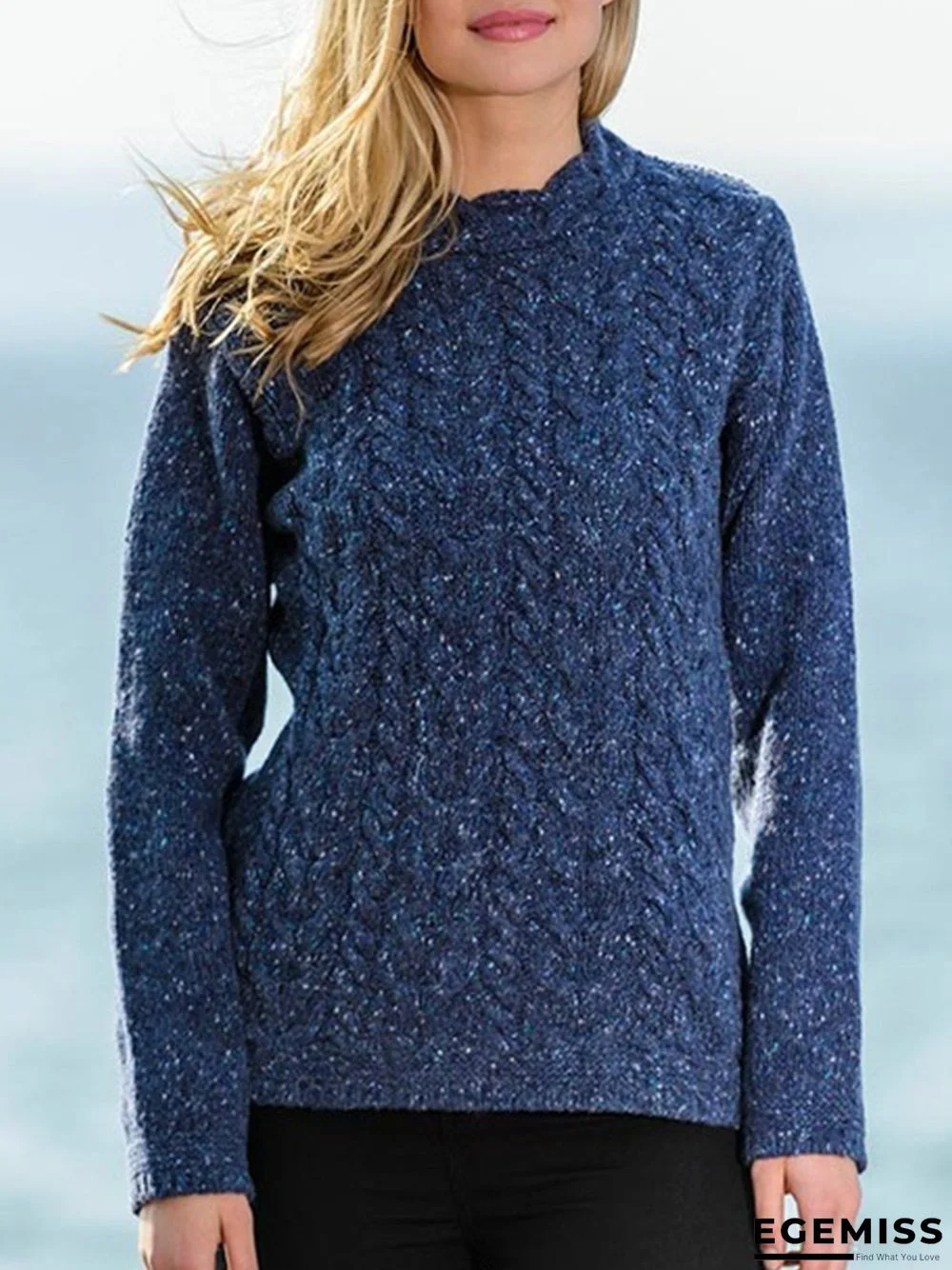 Blue Knitted Long Sleeve plus size Sweater | EGEMISS