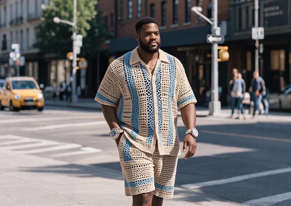 A man walking in his Crochet Style Big and Tall Two-Piece Shorts Suit