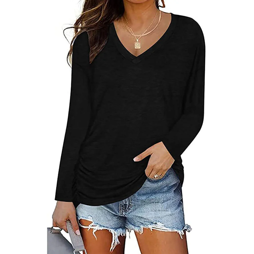 Churchf Churchf New 2023 Autumn / Winter 2023 Women's V-Neck Pleated Long Sleeve T-Shirt Solid Color Loose Casual Top