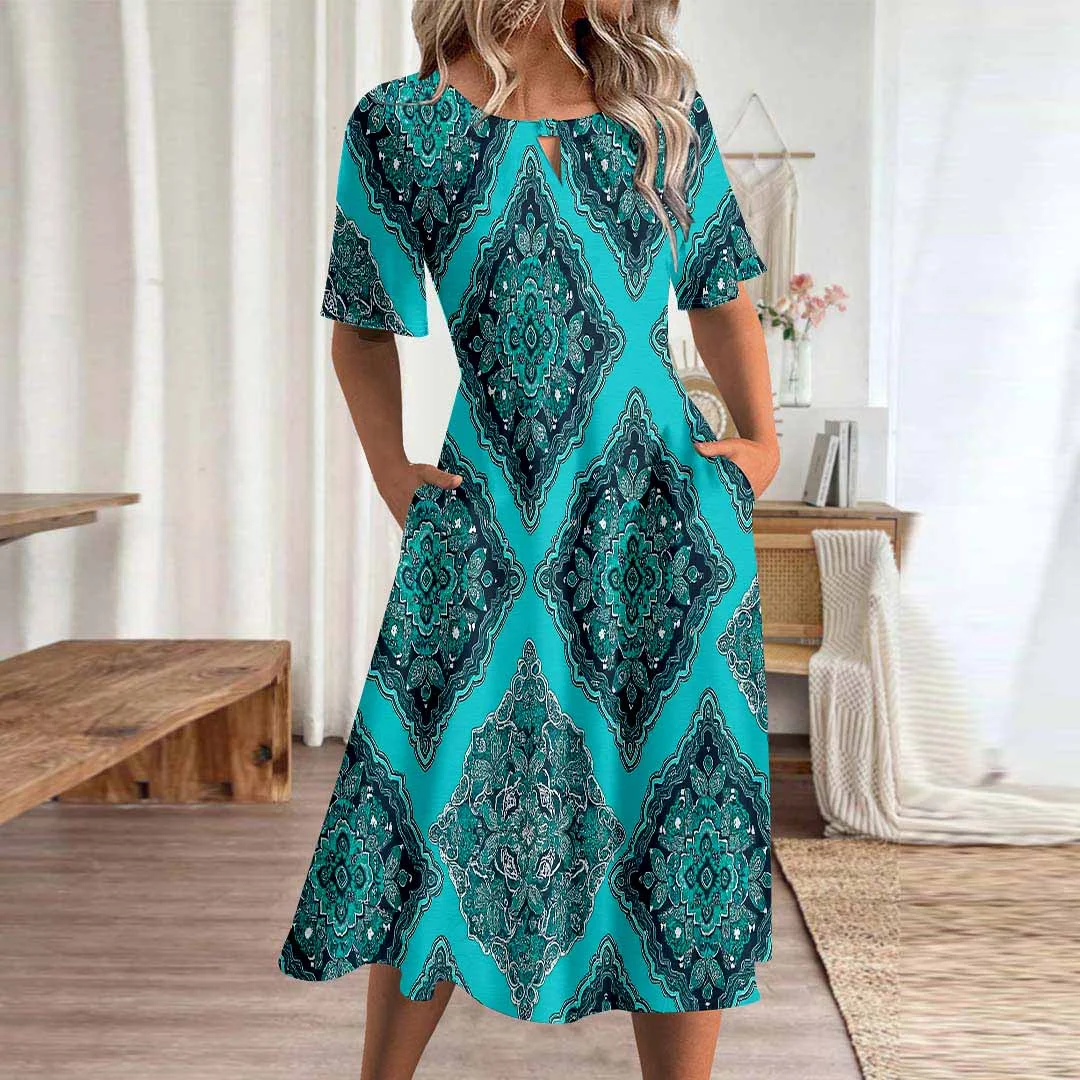 Women Graphic,Blue DZHA8067 Short Sleeve Scoop Neck Graphic Printed Hollow Midi Dress
