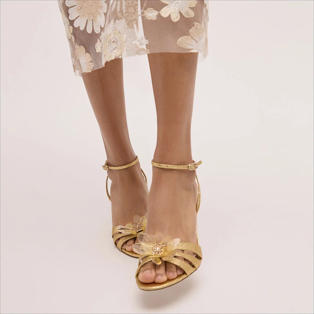 Gold Round Toe Flared Heel Floral Women's Sandals with Ankle Strap
