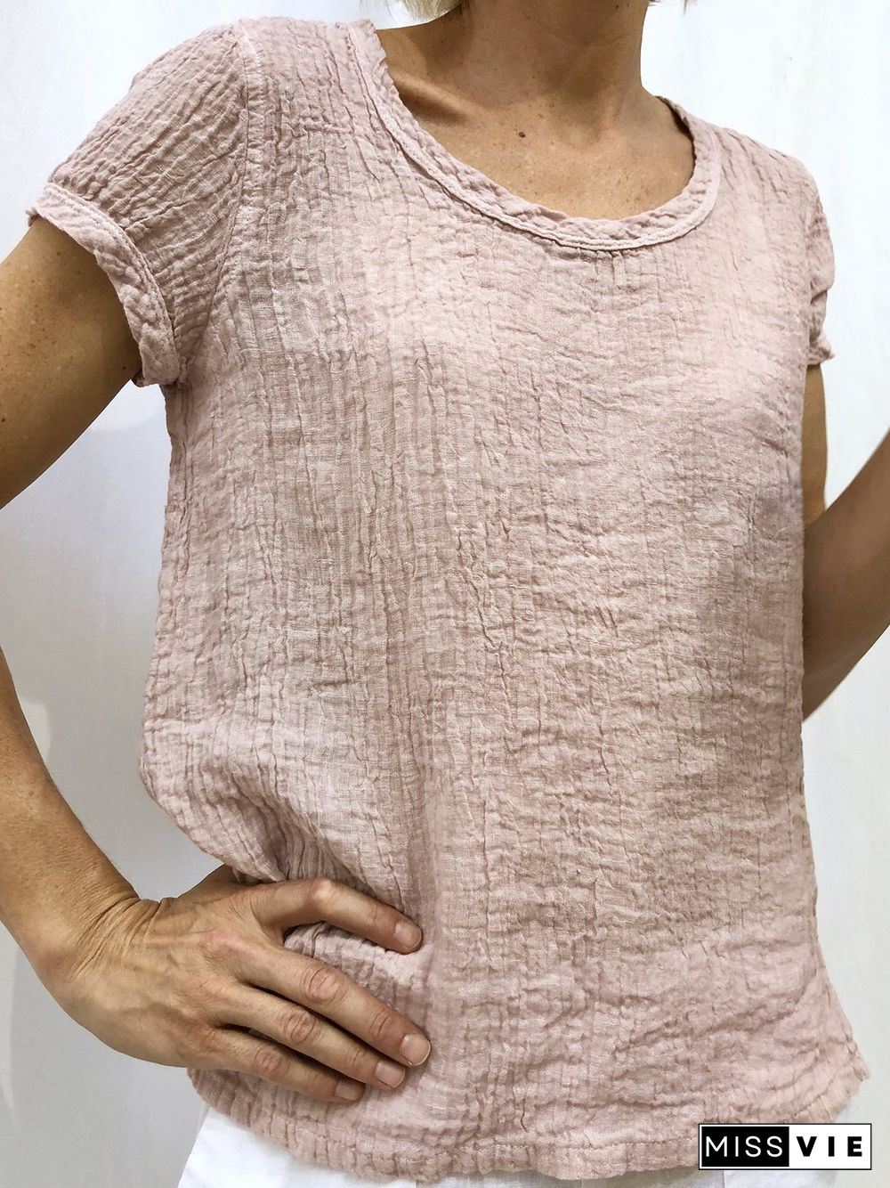 Women Casual Linen Cotton Plain Short Sleeve Blouses