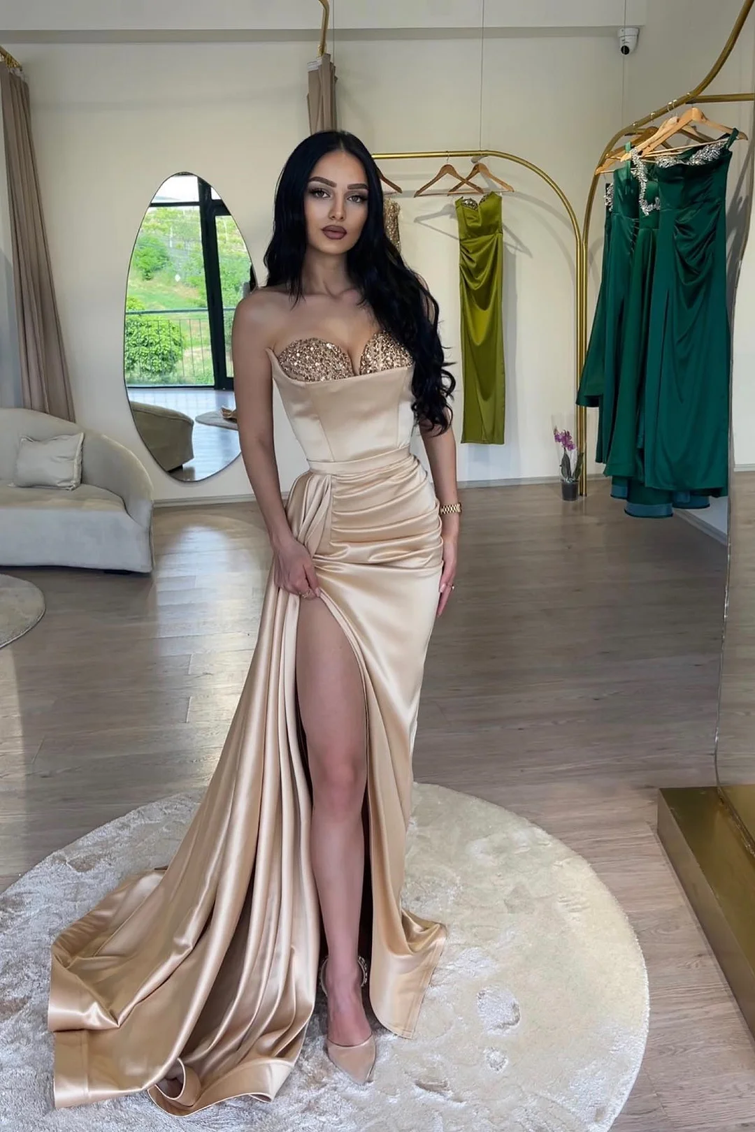 Bellasprom Champagne Sweethear High Slit Prom Dress Mermaid With Sequins Ruffle