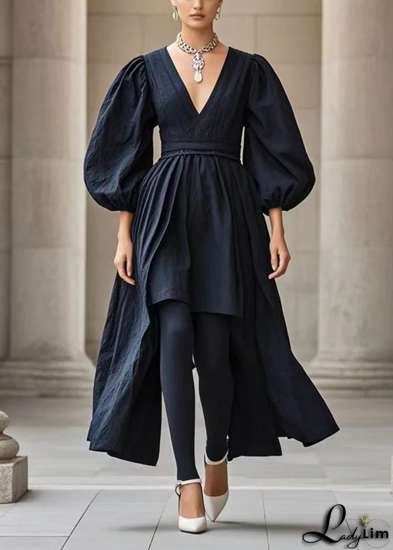 French Black V Neck Asymmetrical Cotton Dress Puff Sleeve