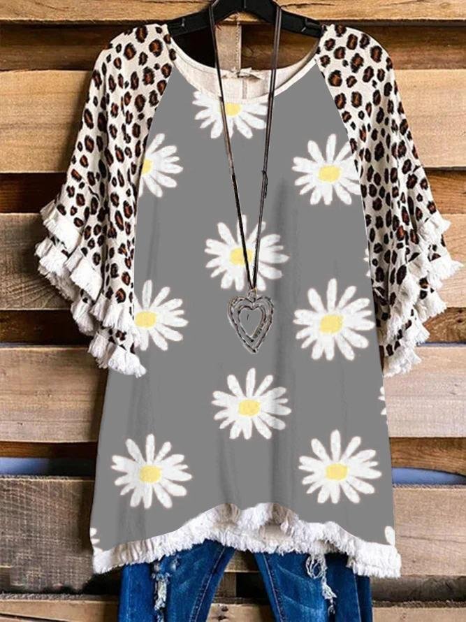 Sunflower Floral Pattern Short-sleeved Casual Top
