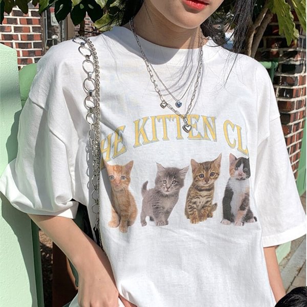 The Kitten Club Cute Printed Women Street Style shirts White Cotton Vintage Short Sleeve Tops Plus Size Cotton Graphic Tees - Shop Trendy Women's Clothing | LoverChic