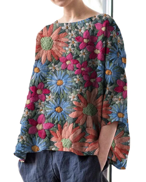 Vintage Floral Embroidery Print Round Neck Linen Loose Top