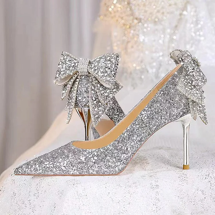 Bow Pointed Toe Sequin Pumps-Silver