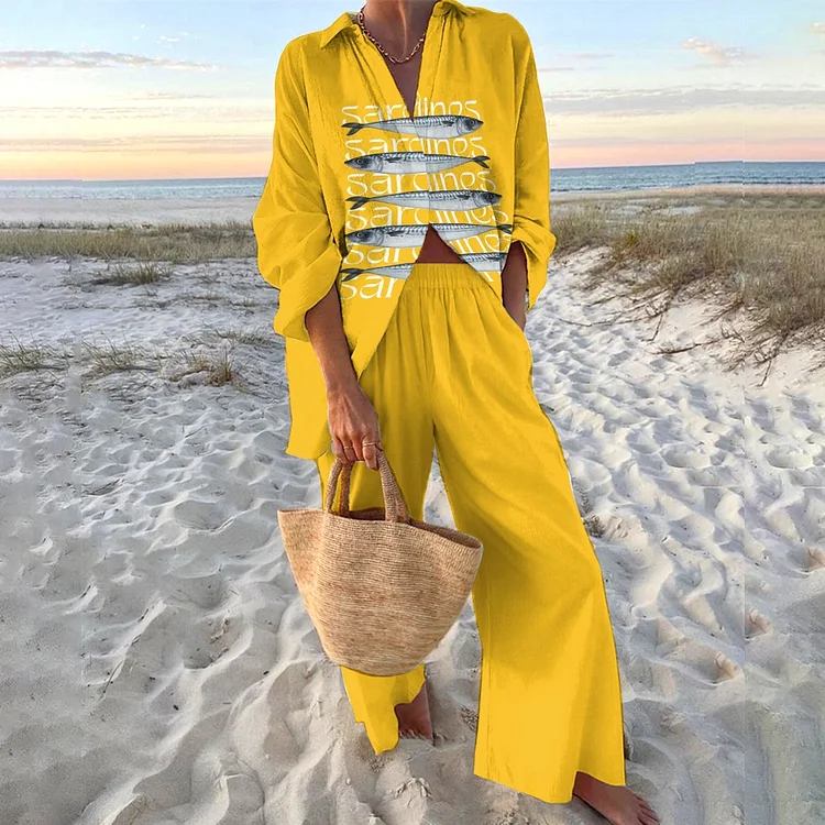 Women's Sardines Printed Shirt & Pants Two-piece Set