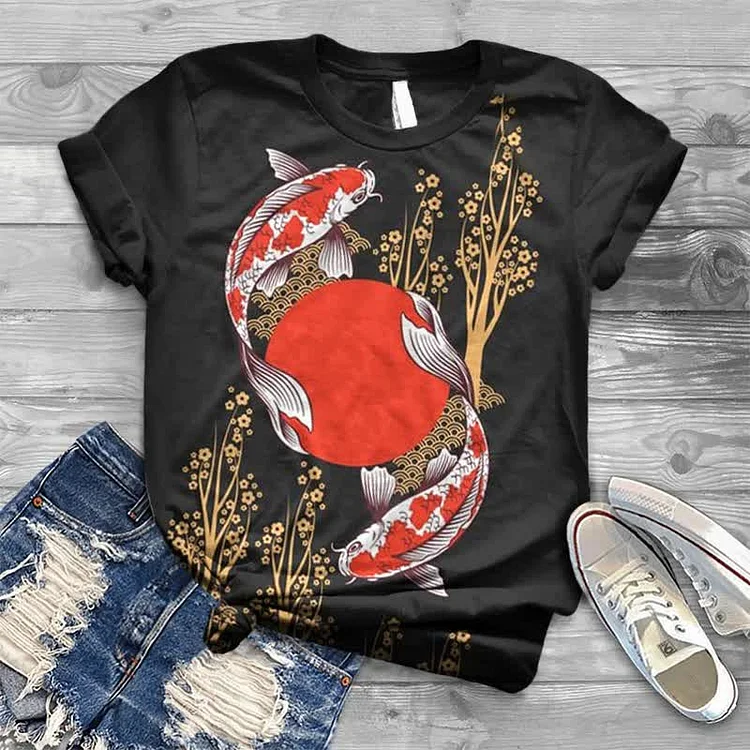 Vintage Plum Blossom Koi Japanese Print T-shirt