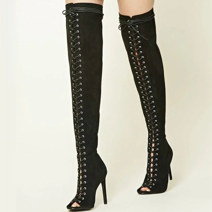 Sexy Black Peep Toe Knee Lace Up Boots with Stiletto Heel |FSJ Shoes