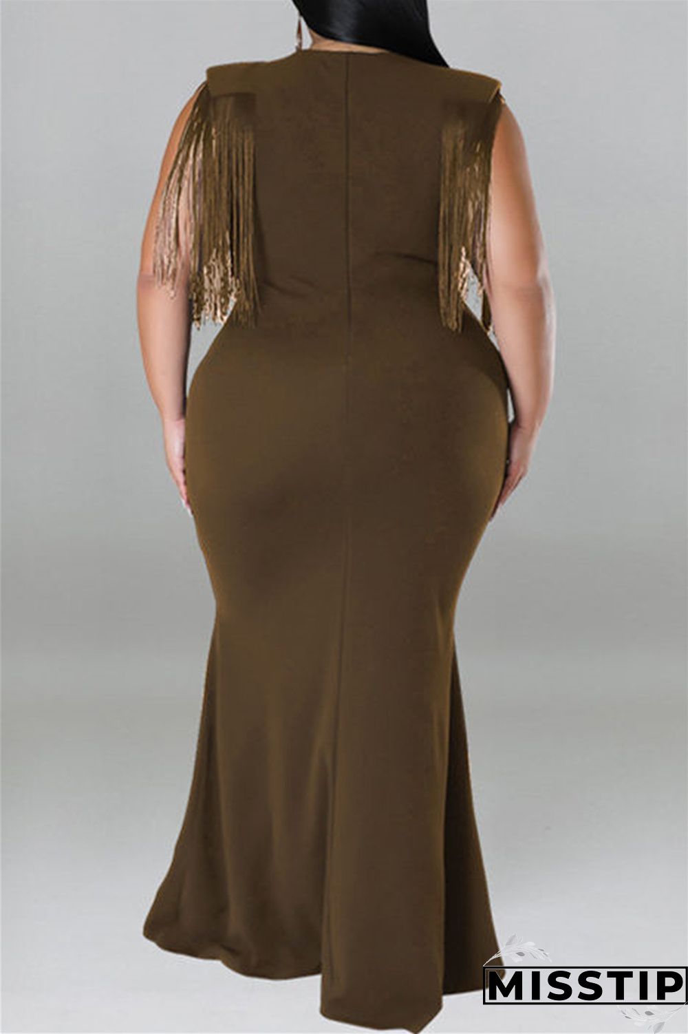 Blue Casual Plus Size Solid Tassel Patchwork V Neck Long Dress