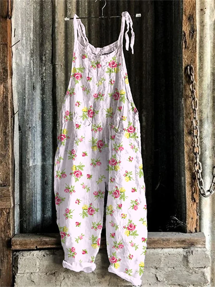 Rose Flower Print Linen Blend Casual Jumpsuit