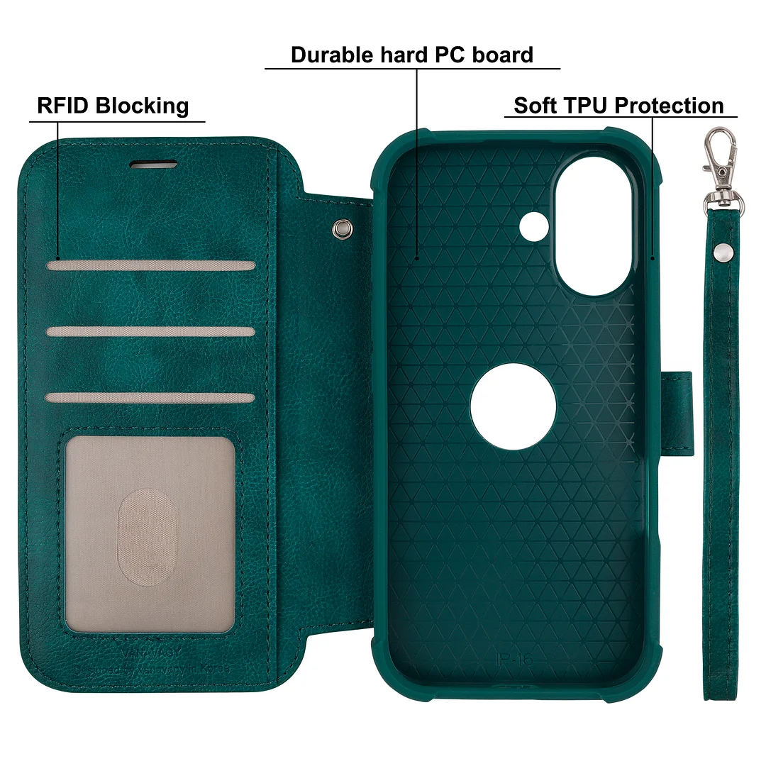 VANAVAGY Compatible for iPhone 16 Wallet Case for Magsafe Wireless Charging,Leather Flip Folio Wrist [Glass Screen Protectors & Camera Lens Protectors] with RFID Block Card Holder