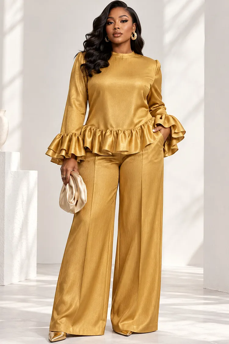 Xpluswear Design Plus Size Churchs Gold Round Neck Flare Long Sleeve Ruffle Pocket Satin Two Piece Pant Sets [Pre-Order] 2024 - Xpluswear
