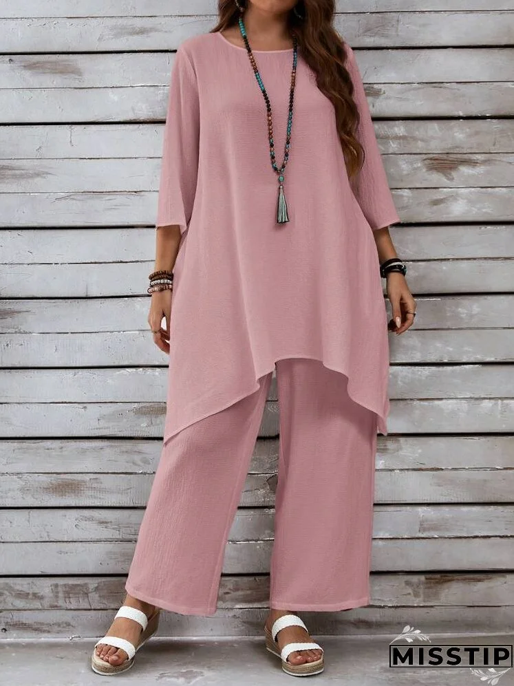 Plus Size Women's Summer Loose Fit Top With PocketsAnd Pants, Casual White Linen Set With Asymmetrical Hem And Three Quarter Sleeves